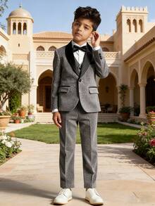 3pcs Boys Suit Set, New Flower Boy Wedding Formal Outfit, Performance Wear For Toddler, Little & Big Kids, Includes Blazer, Pants, Bow Tie - Grey - View 3