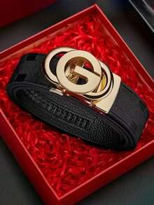 1pc Men's High-Quality Leather Belt With Letter Buckle, Embossed Plaid Pattern, Versatile For Business And Casual Wear, Fashionable And - Multicolor - View 10