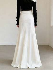 2026 Spring Women's Soft Knitted High Waist Slimming A-Line Pleated Skirt - Apricot - View 7