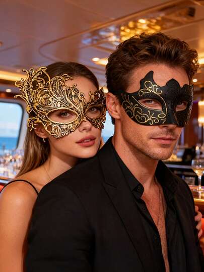 2pcs Couple Masquerade Masks, Fashionable High-End Gold Mask Set, Venetian Party Half Face Mask, Christmas Halloween Party Masks, Carnival Cosplay Decorative Masks For Men And Women