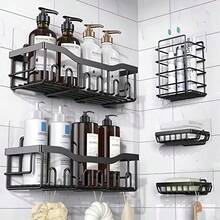 Bộ 5 kệ đựng đồ nhà tắm, kệ góc treo tường không cần khoan, phụ kiện nhà tắm bằng thép không gỉ bao gồm giá đựng dầu gội và xà phòng, dụng cụ lưu trữ đa chức năng cho phòng tắm, nhà bếp và nhà vệ sinh, tiết kiệm không gian, trang trí phòng tắm hiện đại và đồ dùng lưu trữ thiết thực cho đồ dùng vệ sinh cá nhân, vòi sen và bồn rửa mặt sử dụng hàng ngày. - màu đen - Xem 2
