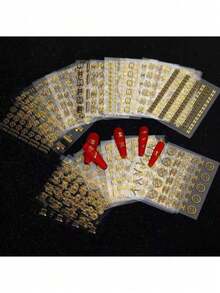 30pcs 3D Golden Metallic Nail Stickers, Assorted Designs - Flowers, Stars, Geometric Lines, Hearts, Bows. High-Gloss Metallic Finish, Water-Resistant PVC Material, Easy Application Without Drying. Suitable For Commuting, Parties, Weddings