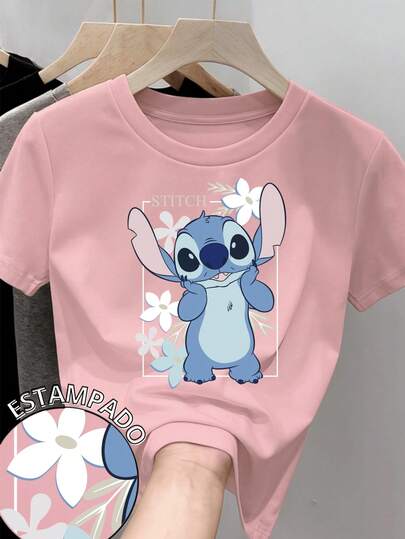  Camiseta para mujer de 100% algodón con cuello redondo y manga corta Estampada original de Disney Película Lilo y Stitch ideal para festividades del día del amor y el amigo Febrero Regalo ideal Primavera Verano Otoño Invierno Stitch tierno y esponjoso