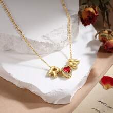 1pc Personalized Gold-Plated Double Balloon Letter Heart-Shaped Birthstone Pendant Necklace, Mother's Day Gift, Customized Letter Heart Necklace, Couple Necklace, Anniversary Necklace - Pink - View 2