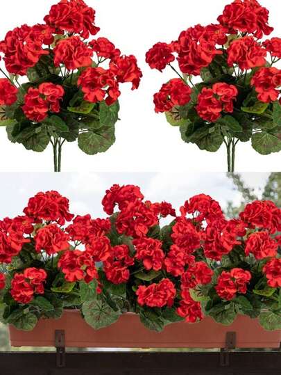 2pcs Artificial Geranium & Hydrangea Flowers, UV-Resistant, Suitable For Table Centerpiece, Indoor/Outdoor Garden Wedding Decor, Vase Filler, Ideal For Holiday Party, Valentine's Day, Birthday Gift, Patio Porch Home Decor