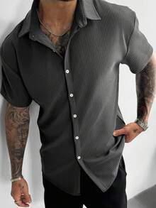 Vintage Men's Ribbed Knit Shirt, Short Sleeve Polo Collar, Solid Color Textured Shirt, Suitable For Summer Vacation, Casual And Office Wear. An Excellent Christmas And New Year Gift For Dad Or Husband. - Dark Grey - View 8