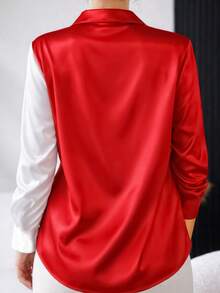 New Arrival Women's Fashion Colorblock Satin Button-Up Shirt With Pockets - Red - View 2