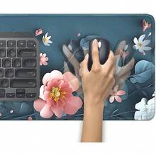 Blue Art Flowers Mouse Pad,Extended Abstract Floral Mousepad Desk Pad With Stitched Edges,Non-Slip Waterproof Rubber Base Mouse Mat For Office Computer Keyboard Laptop Home 14x24 Inch Multiple Designs Available - 藍色背景上的花朵 - 查看 2