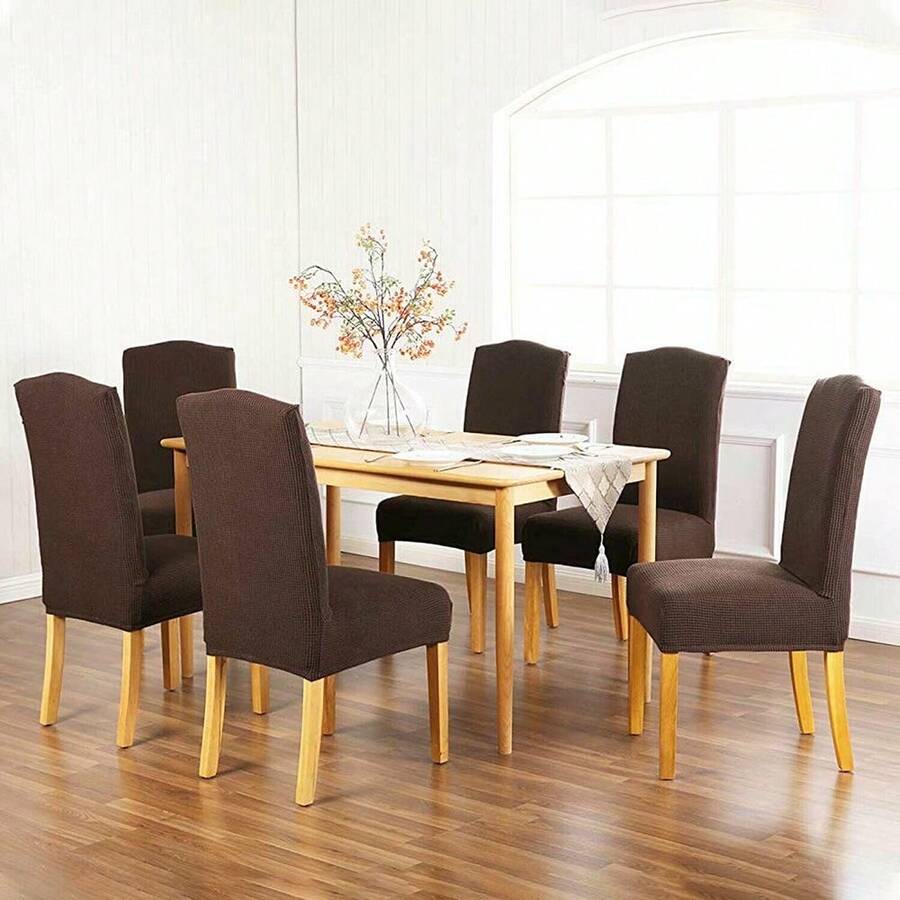 6 Pieces Universal Elastic Washable Dustproof Dining Chair Covers For Kitchen, Living Room, Hotel, And Events - Coffee Brown - View 1