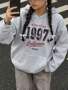 Sudadera de estilo Y2K con estampado numérico para mujer talla grande - de manga larga con bolsillos, para todas las estaciones - Gris Claro - Ver 9