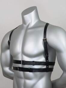 1pc Punk Gothic Geometric Pattern PU Leather Men Suspenders, Holiday Costume Gift - Black - View 2
