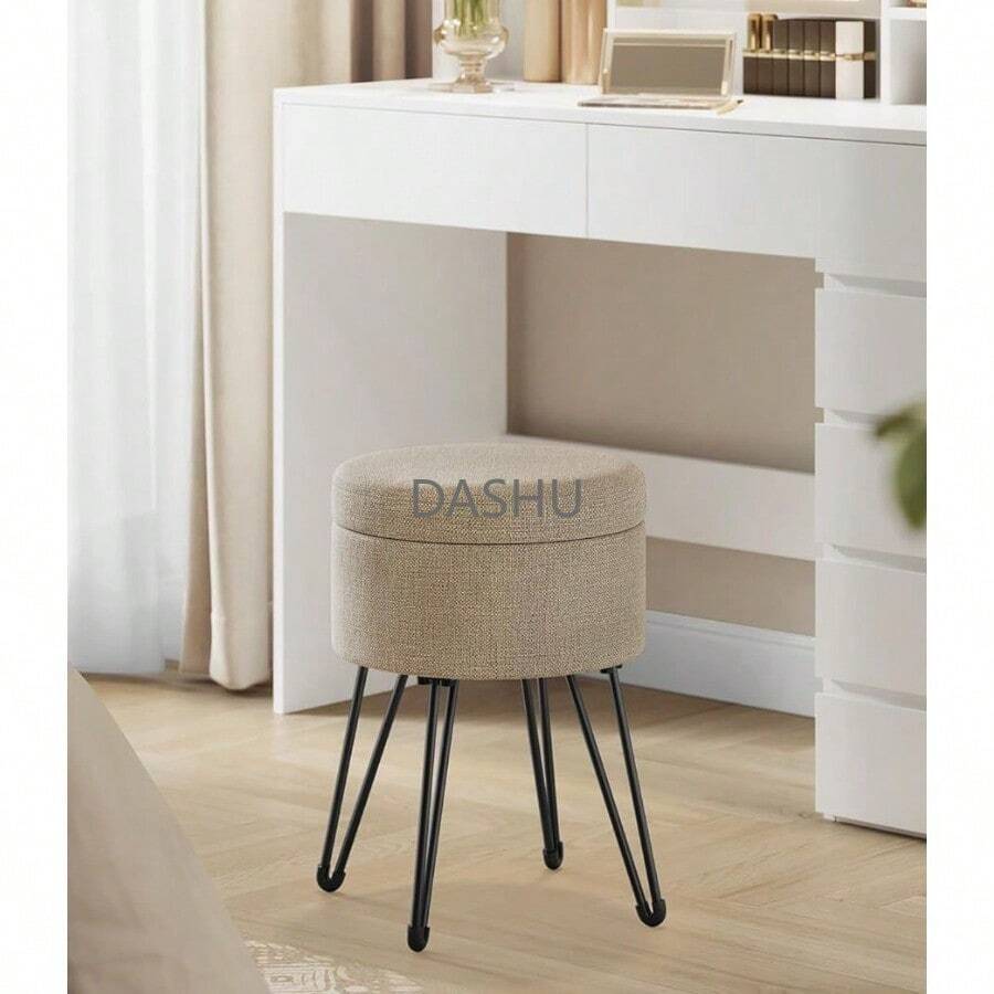 Baúl Almacenaje, Taburete de Tocador, Puff Almacenaje, Banco Almacenaje Redondo, 39 x 44.1 cm, Asiento Acolchado, Marrón Camello MLOM002K01 - Marrón Camello - Ver 1