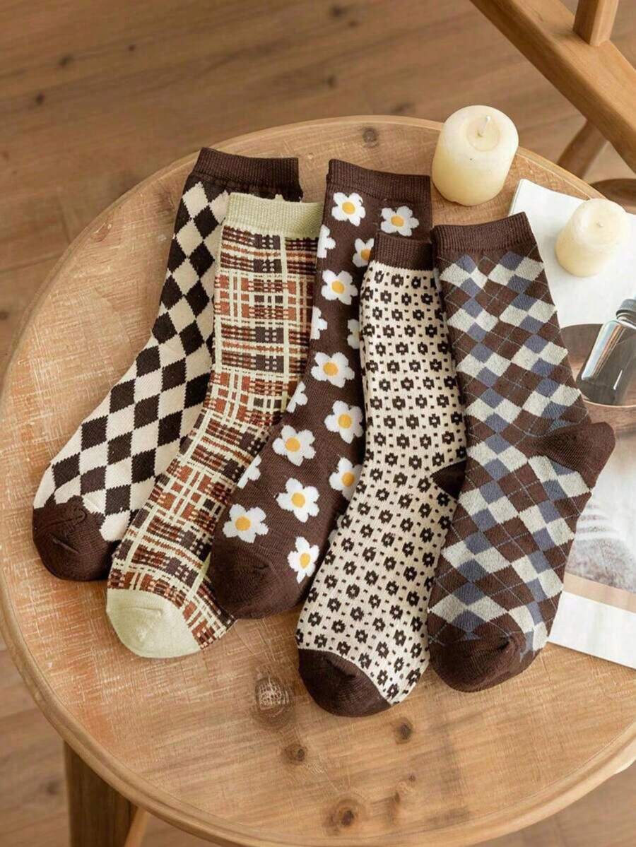 5 Pairs Retro Style Coffee Color Socks, Comfortable Breathable Mid-Calf Socks, Soft & Durable Socks, Suitable For Couples, Students, Occasions Like Valentine's Day, Parties, Outings, All Seasons - Multicolor - View 1