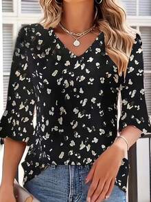 女士宽松印花荷叶袖休闲度假衬衫 - 黑色 - 查看 2