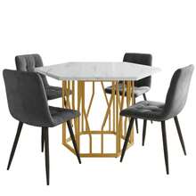 Conjunto de mesa y sillas de comedor (juego de 5 piezas), moderna mesa de comedor hexagonal de mármol + 4 sillas de comedor en terciopelo verde para crear un restaurante cálido y moderno. - Gris - Ver 3