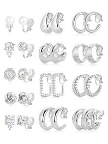 13pcs Women's Clip-On Earrings Set, 14K Gold/Silver Plated Thick Hoop Clip Earrings With Zirconia, Pearl, Knot, Twist, Teardrop, Croissant Elements, No Piercing Needed, Earring & Stud Jewelry Set