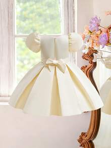 Girls' V-Neck Embroidered Bow Elegant Sophisticated Beautiful Flower Girl/Bridesmaid Princess Dress, Suitable For Birthday Party, Graduation, Prom, Does Not Include Headband - Champagne - View 4