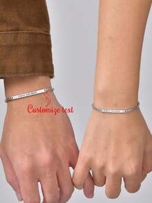 2pcs Customized Stainless Steel Thin Silver Bracelet, Personalized Text, Couples Gift For Anniversary, Graduation, Minimalist, Unique, Ideal Gift For Friends - Silver - View 2