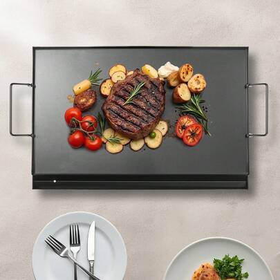 Carbon Steel Griddle, 24x16 Inch Universal Flat Top Rectangular Plate, Gas Grill Griddle For BBQ Grill, Teppanyaki, Portable Family Cookware With Handle, For Camping Tailgating Party