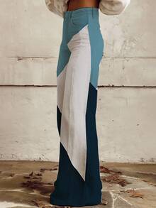 [Denim Print/Imitation Denim] Women's 3D Printed Wide-Leg Trousers - Turquoise/Navy/Beige/Gray/White Imitation Denim Pants, Straight-Leg Winter Pants With White Piping (No-Stretch) For Casual & Formal Outfits, Machine Washable Jeans-Like Bottoms - 黑色 - 查看 4