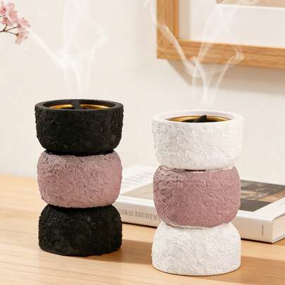 Textured Color-Block Incense Burner (Pink & White) - Layered Texture With Golden Interior, Ideal For Living Room Shelves, Bedroom Desks & Coffee Tables. Holds Incense, Adds Cozy Minimalist Vibes, A Popular Chic Home Fragrance Decor As Stylish Tabletop Accent.
