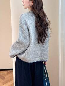 Alicedudu Women's Spring Elegant Simple Ruffled Contrast Trim Knit Cardigan Sweater - Grey - View 2