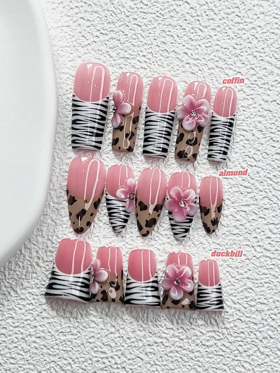 10pcs Romantic Nail Art Set, Hand-Painted French Manicure Stickers, Handmade 5-Petal White & Pink Flower Nail Decorations, Brown Leopard Print, Black & White Striped Nail Art Decals, Includes Nail Tools (1 Jelly Sticker + 1 Nail File), 3 Sizes: Almond, Duck Mouth, Coffin, Suitable For Women To Use On Weddings, Parties, Holidays, Festivals, An Excellent Gift For Ladies. Nails Nail Supplies Handmade Press On Nails - Nhiều màu - Xem 1