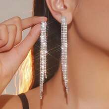 Japanese And Korean Luxury Super Flash Rhinestone Long Fringed Earrings Women's Temperament Stud Earrings Ear Jewelry Earrings - 銀色 - 查看 2