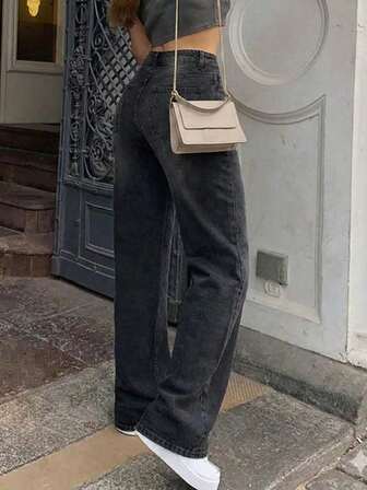 Pantalones rectos de mezclilla lavada de ajuste holgado y casual para mujer, para uso diario y fines de semana