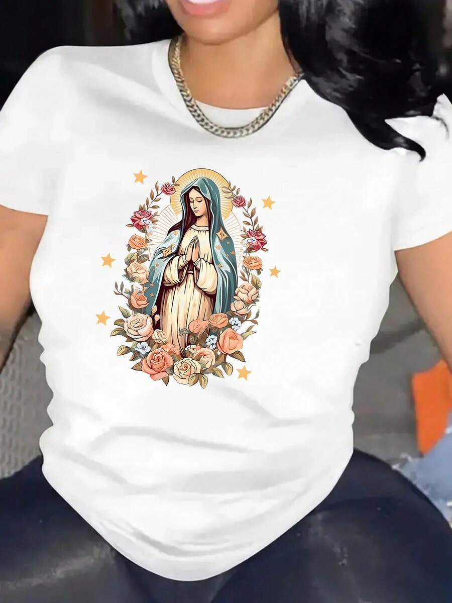 Camiseta de Mujer con Estampado de la Virgen María y Flores - Suave, elástica, de cuello redondo, informal, de manga corta, transpirable y cómoda para el verano, camiseta de verano, corte holgado, estampado brillante, tela duradera, top estampado elegante. - Blanco - Ver 1