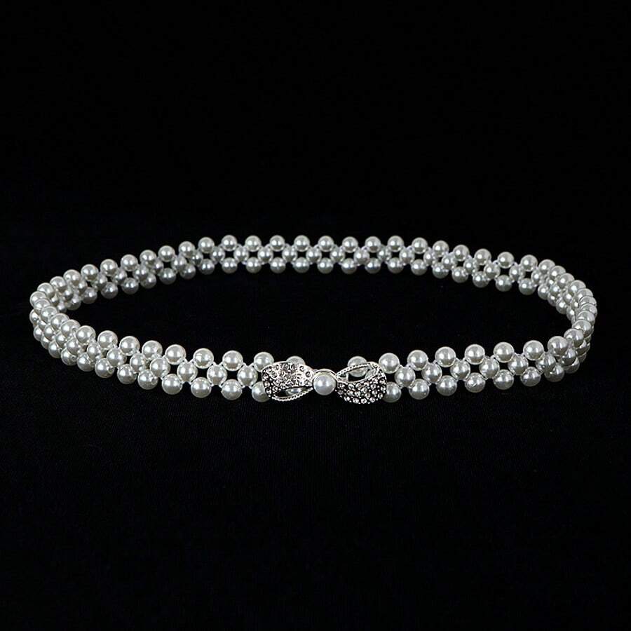 1pc Girls Elastic Waist Chain With Bow & Pearl Decor, Minimalist & Sweet, Suitable For Skirts, Pants, Parties, Back To School, Holidays, Birthday Gifts - White - View 1