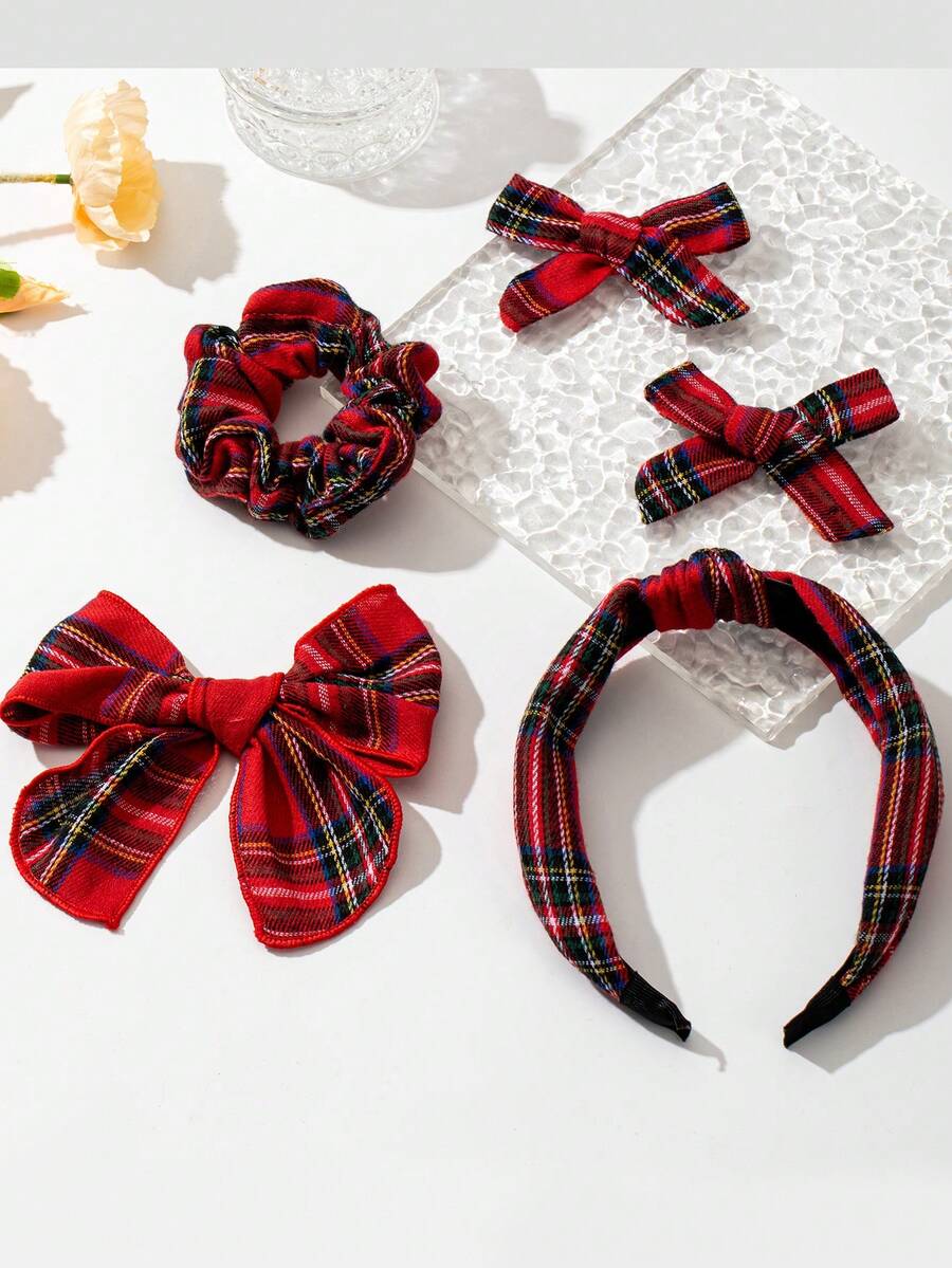 5pcs/Set New Kids Retro Collegiate Style Patterned Linen Fabric Bow Hairclips (Headband + Hair Ties + 2 Butterfly Hair Clips), Children's Hairstyle Gift Set, Red Bow, Suitable For Daily Use - Multicolor - View 1