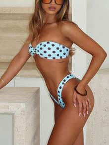 Women Polka Dot Bikini Sets Halter String Triangle High Cut Cheeky 2 Piece Bathing Suit - 藍色 - 查看 5
