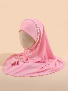 1pc Children's Headscarf, Made Of Soft, Lightweight And Breathable Fabric, Decorated With Pearl/Lace Trim, Elegant Design, Suitable For Daily Wear And Religious Occasions. - Flower Pearl - View 10