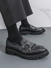 Men's Thick Sole Derby Shoes With Buckle Design, Loafers, Retro Monk Shoes, Formal Dress Shoes, British Style - Black - View 10