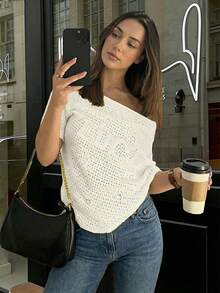 Women's Summer Casual Solid Color Lucky Letter Pattern Batwing Sleeve Sweater Top Mesh Hollow Out Holiday Beach Asymmetrical Hem Knit Top Vacation For Woman