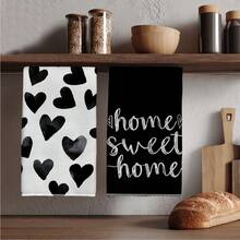 2 khăn lau bếp, khăn lau bát đĩa siêu thấm hút bằng sợi microfiber in hình trái tim đen và chữ "HOME", hình chữ nhật 40*60cm, thích hợp làm khăn lau bát đĩa, khăn lau tay, quà tặng trang trí nhà bếp ngày Valentine hoặc quà tân gia. - màu đen - Xem 1
