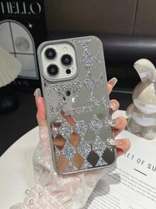 1 Peça Capa de Telefone 2 em 1 à Prova de Choque e Anti-Queda com Espelho Xadrez Preto e Strass "LUCKY" Compatível com iPhone 17 Pro Max - Prata - Visão 6