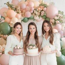 126件粉色和绿色气球拱门套装，粉色、白色和绿色气球拱门套装，包含混合尺寸的鼠尾草绿、粉彩粉、沙色、白色、浅橙色气球，适用于婚礼、生日派对、新娘送礼会装饰 - 彩色 - 查看 6