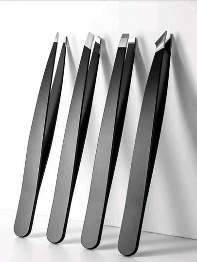 4pcs Precision Stainless Steel Tweezer Set With Storage Pouch, Professional Facial Hair Remover For Eyebrow Shaping & Ingrown Hair Removal, Multipurpose Grooming Tool Kit For Salon & Home Use