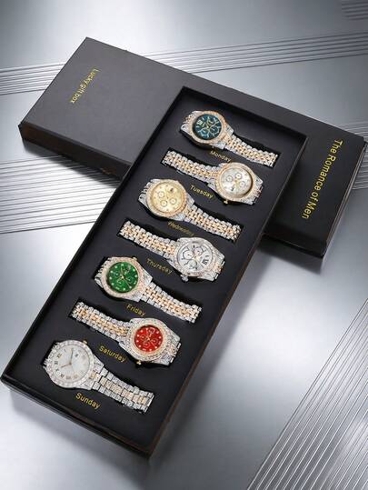 7件套男士7天动力储存腕表礼盒套装，奢华水钻多色表盘石英表，搭配不锈钢表带，高端节日礼盒包装，适合日常佩戴、送礼、年末促销、双十一、生日等场合。
