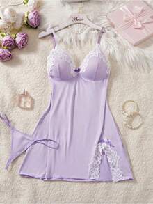 2-Piece Set Women's Lace Patchwork Color-Blocking Bow Decoration Split Hem Nightdress With Matching Underwear - Valentine's Day - 淡紫色 - 查看 3