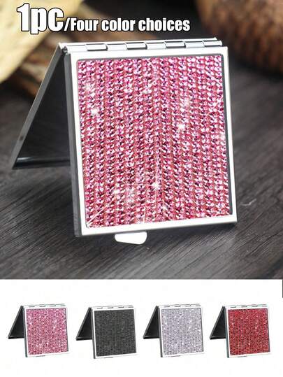 1-Piece Luxury Diamond-Encrusted Portable Double-Sided Folding Lipstick Mirror - Perfect For Touch-Ups On-The-Go. This Diamond-Encrusted Portable Folding Makeup Mirror Features A Double-Sided Square Design, Ideal For Handbags. With Diamond Inlay, This Portable Makeup Mirror Is Foldable
