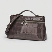 1 pieza Bolso bandolera para mujer con cierre de cremallera, elegante bolso de mano de color liso con textura de piedra, con textura tejida de angora , de estilo retro minimalista y casual de piel sintética, adecuado para salidas, citas y viajes - Gris - Ver 1