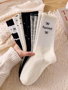 5双黑白蝴蝶结图案中筒袜，优雅女士款式，秋冬款 - 彩色 - 查看 4