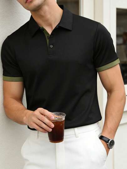 Men's Summer Solid Color Short Sleeve Casual Commuter Polo Shirt, Suitable For Golf Sports, Black Polo Shirt