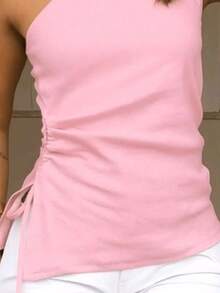 WOMEN'S ASYMMETRICAL DRAPED BLOUSE WITH RIBBONS, MULE SLIM, SUMMER COLORS LAUNCH - 淺粉色 - 查看 4