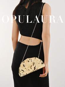 OpulAura 复古贝壳纹理金属手拿包，闪亮金色派对礼服配饰，不对称设计，磁扣闭合，完美适用于派对、婚礼、舞会、盛大晚宴。适合女性在生日派对、婚礼和舞会等场合使用，配有可拆卸链条肩带。 - 金色 - 查看 9