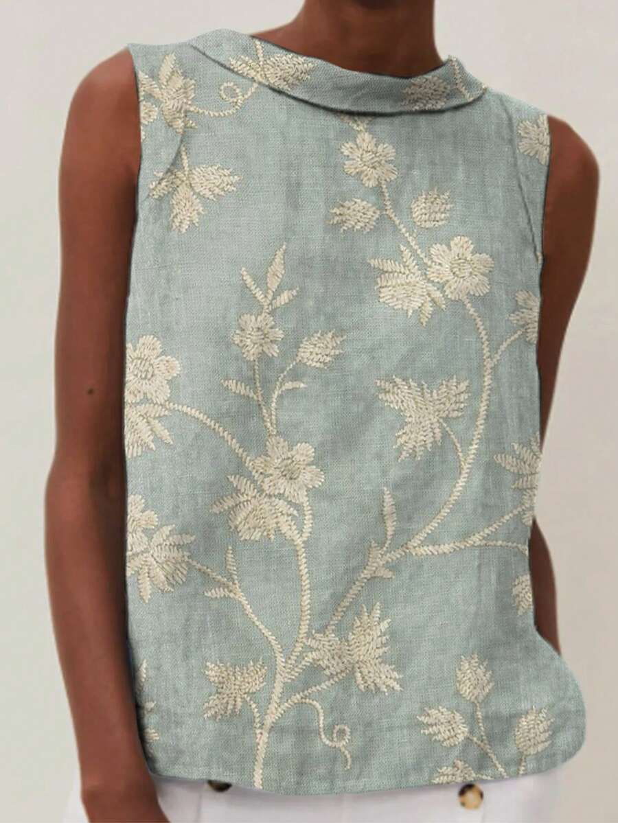 2026 Spring Summer New Arrival Elegant Retro Women's Top - Light Gray Blue Beige Jacquard Floral Stand Collar Sleeveless Woven Top - Màu xanh nhạt - Xem 1