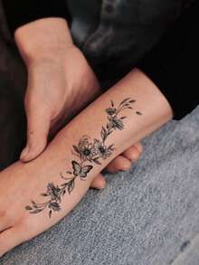 2pcs Women's Body Art Temporary Tattoo Stickers, Fashionable Black Sunflower, Flower, Butterfly Patterns. Waterproof Fake Tattoos, Lasts 2-5 Days, Can Be Applied To Hands, Arms, Neck, Shoulders, Chest, Waist, Legs. Perfect For Festivals, Parties, Gifts - Black - View 2